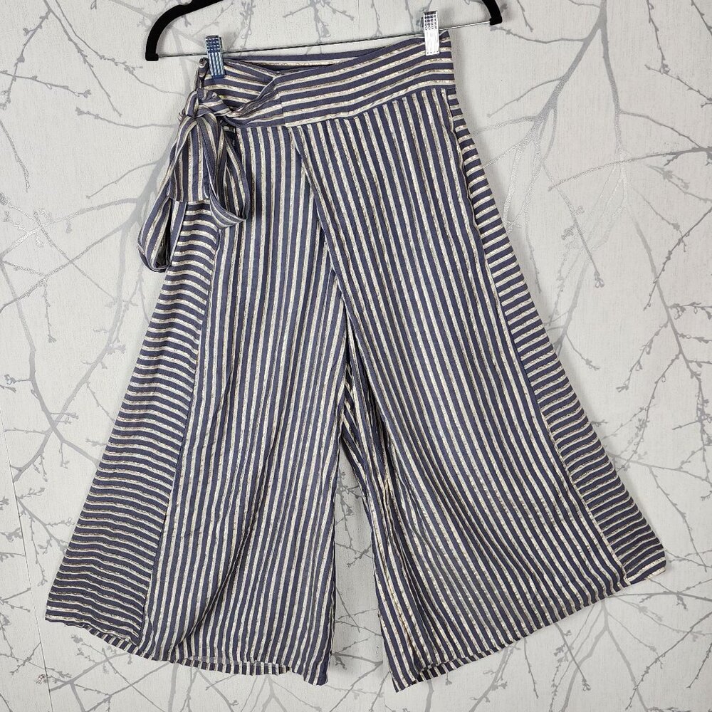 Eva Franco Metallic Stripe Tie Waist Flowy Cropped Palazzo Pants